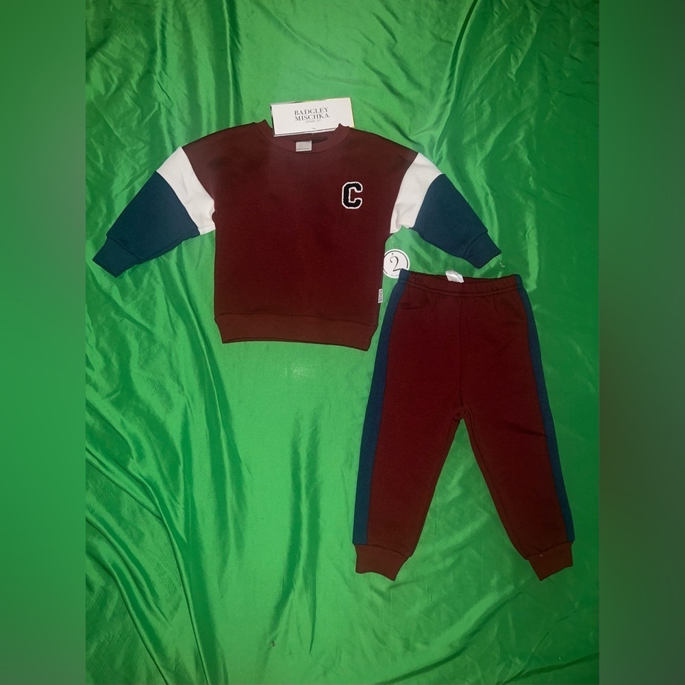 Badgley Mischka Kids Burgundy and Teal Jogger Set 2T